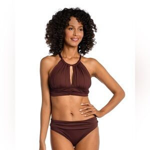 La Blanca Island Goddess High-Neck Midkini Swim Top Black NWT Size 14